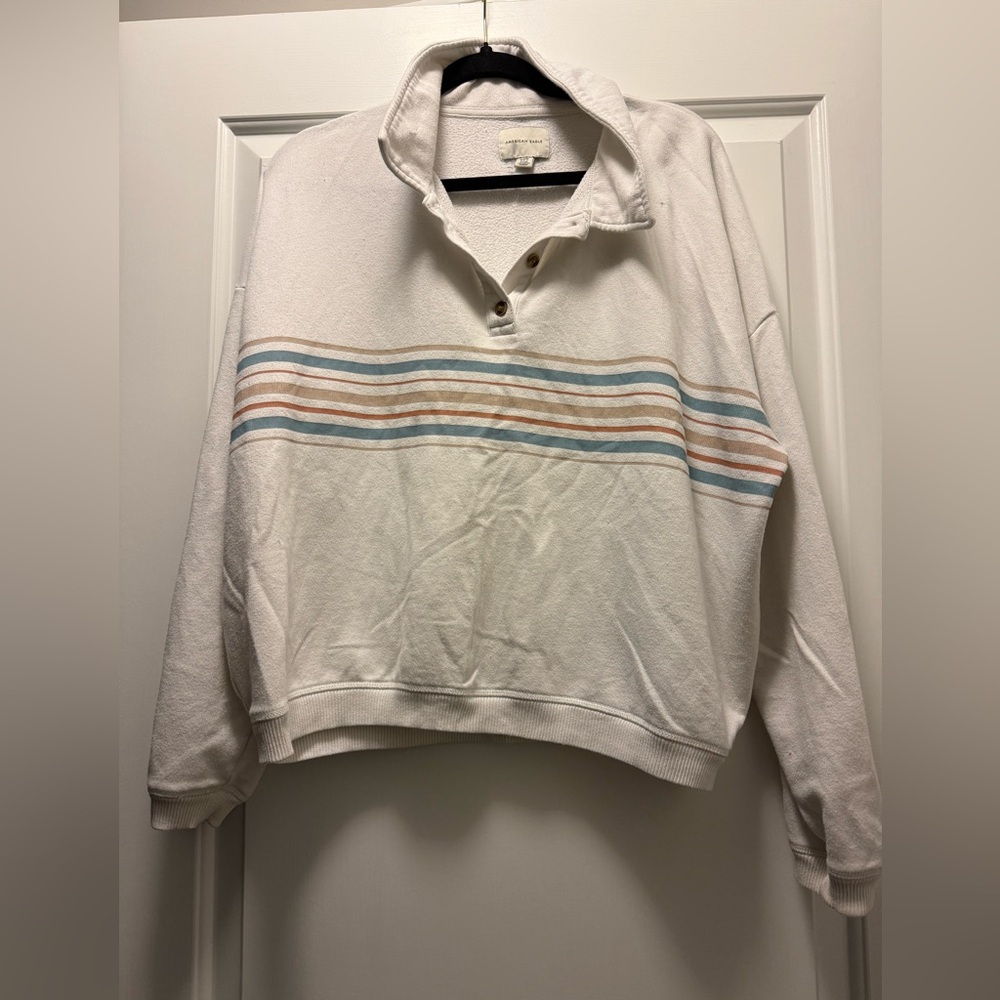 American Eagle Outfitters White Sweater with Blue and Brown Stripes